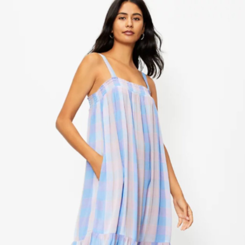 NWT Ann Taylor Loft Plaid Smocked Pocket Midi Dress Sky Blue Multi XXS Petite